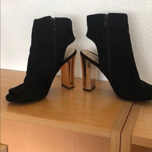 Black faux suede booties peep toe gold heals
